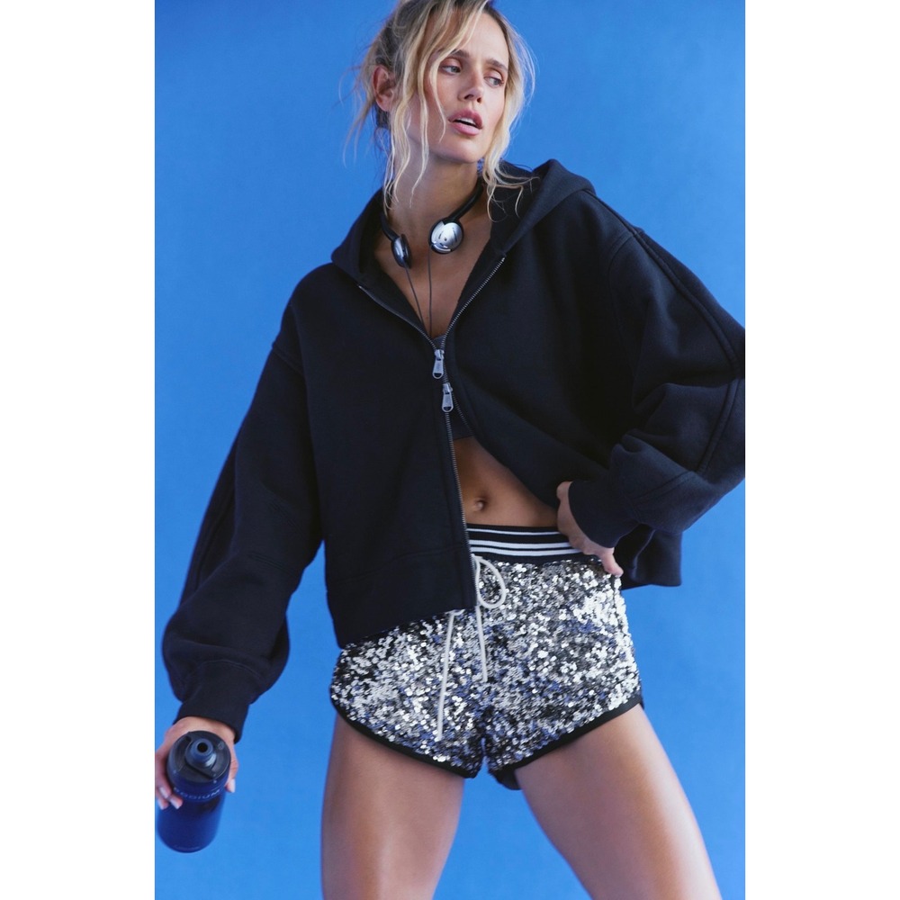 Free‎ People FP Movement Shining Star Sequin Shorts Metallic Black Combo S NWT